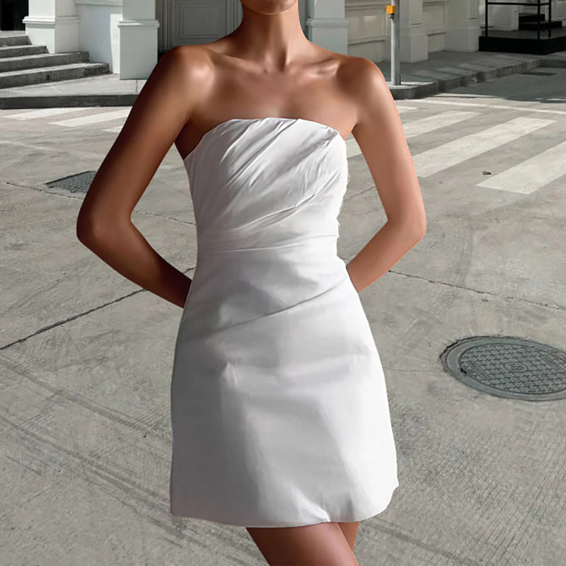 Sexy Strapless High Waisted A-line Dress Elegant Solid Color Pleated Slim Mini Dress Casual Hollow Backless Party Dresses