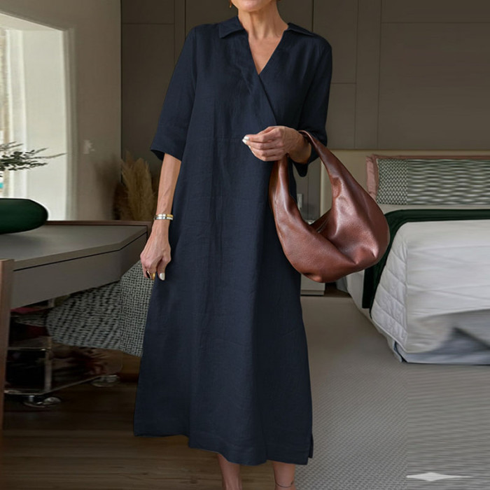 Simple Women's V-neck Loose Autumn Dress New Solid Color Half Sleeve Casual Dress Elegant Temperament Commuting Long Dress