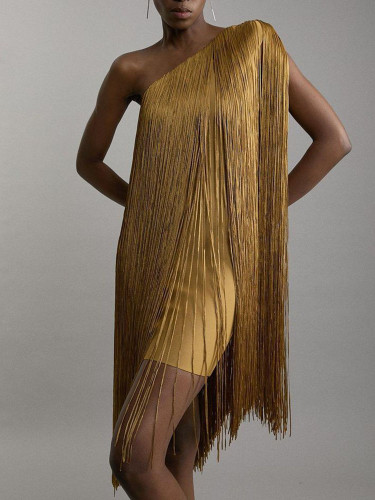 Summer Simple Solid Sleeveless Evening Dress Women's Fashion Slanted Neck A-line Dress Asymmetric Off Shoulder Slim Tassel Dress