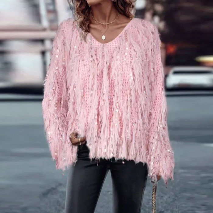 Pink Sequin Tassel V-neck Sweater Casual New Women's Long Sleeved Knitted Top Fall Ladies Elegant Long Sleeved Commuting Sweater