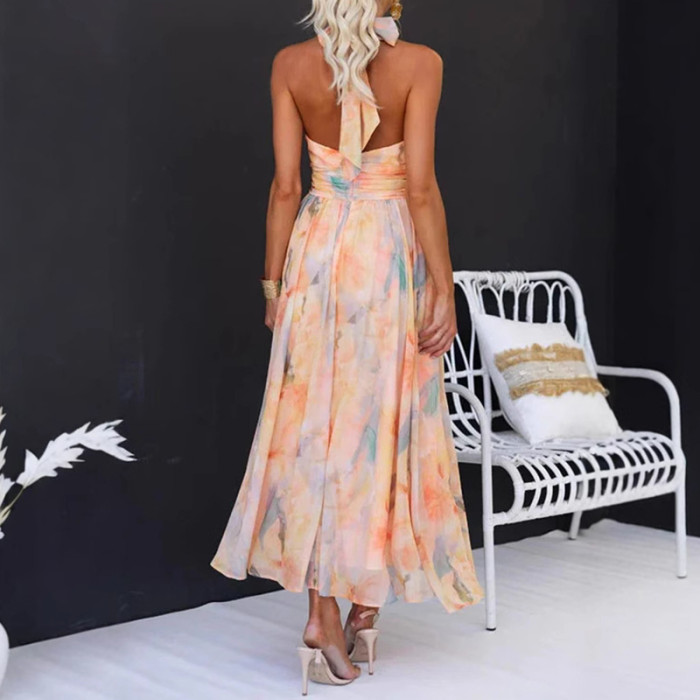 Flower Print Hollow Backless Holiday Dress Fashion Lace Up Sleeveless Pleated Party Dress Women Casual Summer Pleated Long Dress