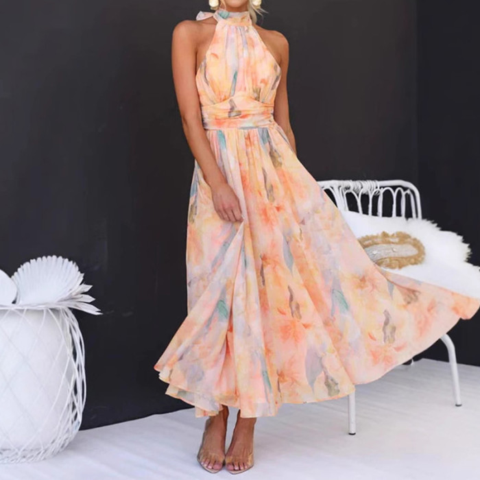 Flower Print Hollow Backless Holiday Dress Fashion Lace Up Sleeveless Pleated Party Dress Women Casual Summer Pleated Long Dress