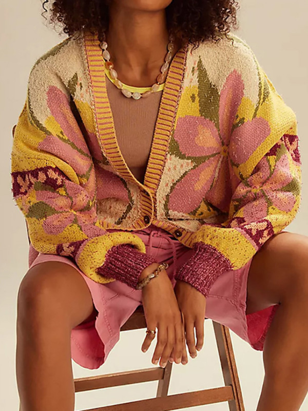 New Warm Autumn Knitted Cardigan Women's Vintage V Neck Long Sleeve Commuter Sweaters Casual Loose Flower Printed Sweater Coat