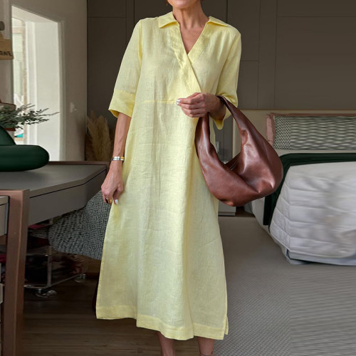 Simple Women's V-neck Loose Autumn Dress New Solid Color Half Sleeve Casual Dress Elegant Temperament Commuting Long Dress