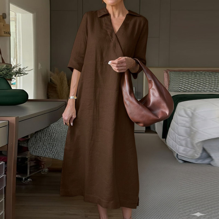 Simple Women's V-neck Loose Autumn Dress New Solid Color Half Sleeve Casual Dress Elegant Temperament Commuting Long Dress