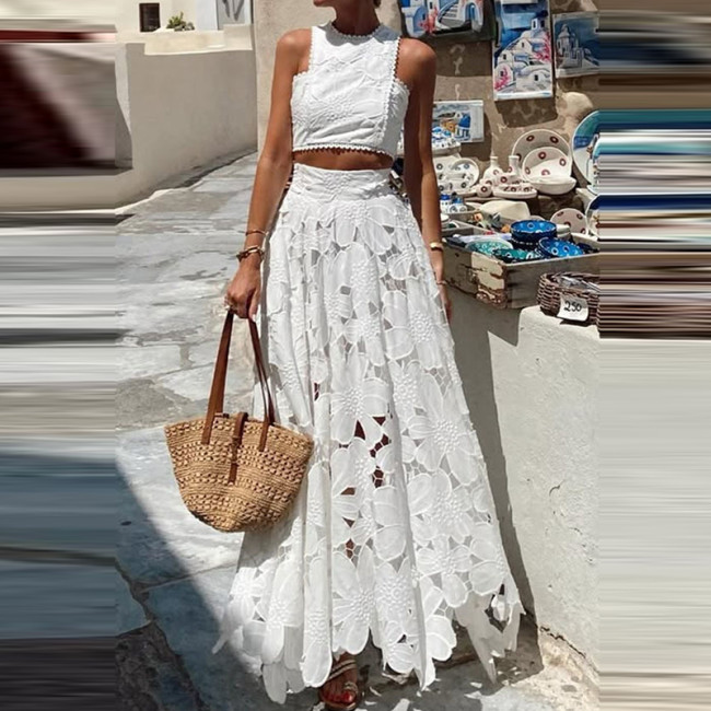 Lace Hollow Loose Women's 2 Piece Set Fashion O-neck Sleeveless Top with Long Skirt Suit Sexy Exposed Navel Holiday Outfit