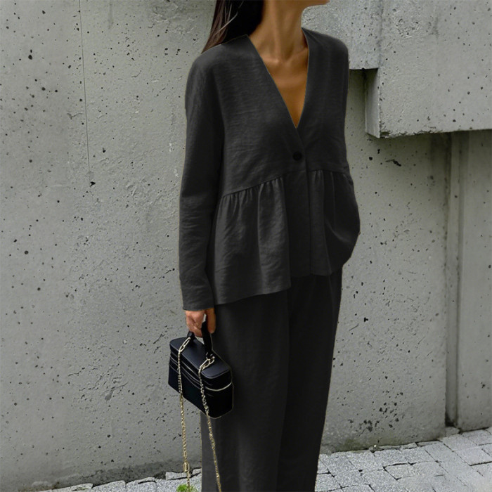 New Autumn V Neck Long Sleeved Top and Pants 2 Piece Set Simple Solid Color Home Wear Suit Casual Street Wear Vacation Outfits