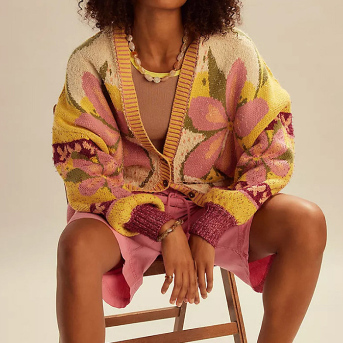 New Warm Autumn Knitted Cardigan Women's Vintage V Neck Long Sleeve Commuter Sweaters Casual Loose Flower Printed Sweater Coat