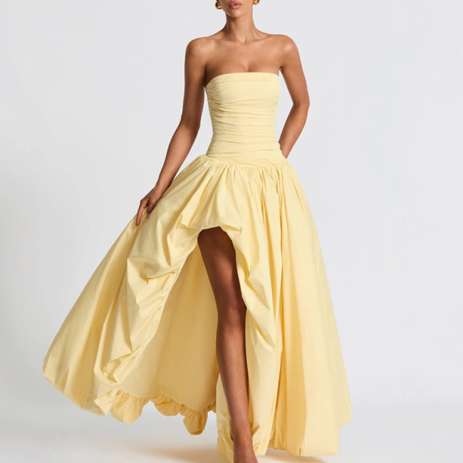 Ladies Elegant Strapless Pleated Flower Bud Dress Fashion Sleeveless Solid Evening Dress 2025 New Summer Asymmetrical Long Dress