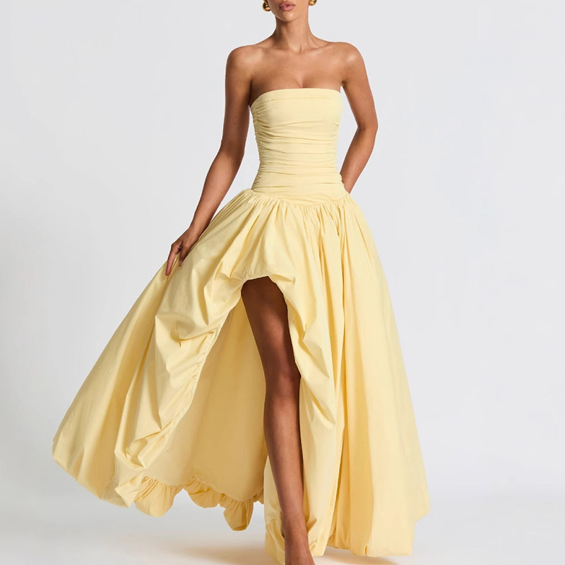 Ladies Elegant Strapless Pleated Flower Bud Dress Fashion Sleeveless Solid Evening Dress 2025 New Summer Asymmetrical Long Dress