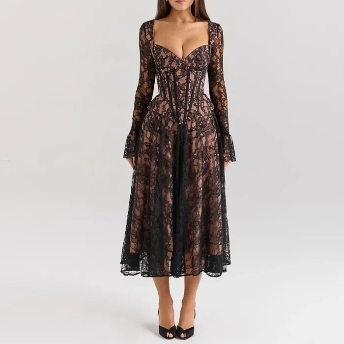 Sexy Perspective Lace Autumn Dress Women's Fashion Chest Wrap High Waist Prom Dress Elegant Long Sleeve Pleated Slim Party Dress