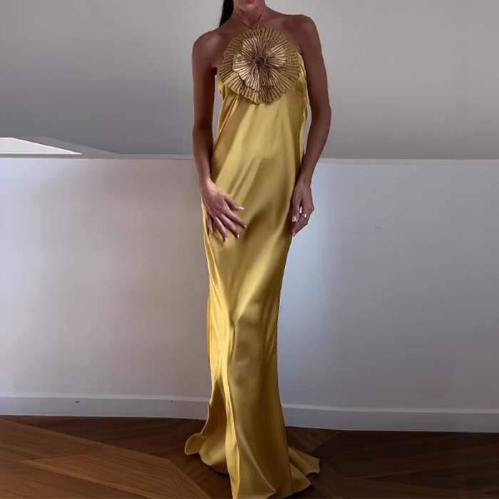 Sexy Hanging Neck Hollow Satin Long Dress Floral Patchwork Backless Women's Dress Elegant Temperament High Waist A-line Dresses