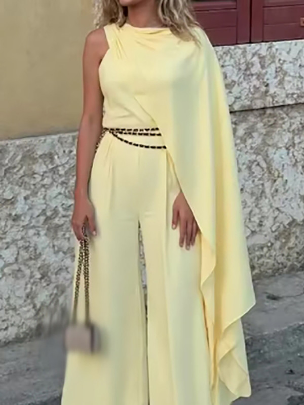 New Women Neck Hanging Cloak Straight Playsuit Autumn Simple Solid Color High Waist Jumpsuit Casual Sleeveless Long Pants Romper