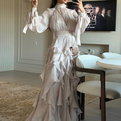 Ladies Stand Collar Long Sleeved Party Dress Elegant Autumn Ruffle Design Solid Color Dress Casual High Waist Pleated Prom Dress