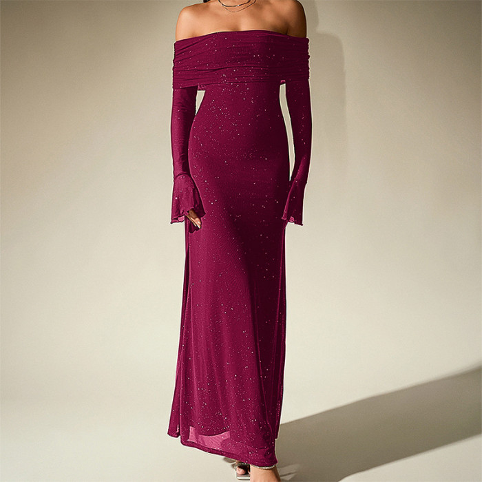 Autumn Vintage Women's Long Sleeved Party Dress Sexy Off Shoulder High Waist Slim Long Dress Elegant Solid Mesh Bridesmaid Dress