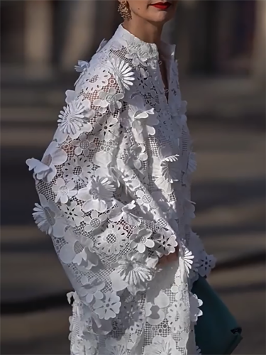 Elegant Lady V Neck Loose Commuter Dress Casual Street Solid Color Holiday Dress New Fashion Lace Flower Long Sleeve Party Dress