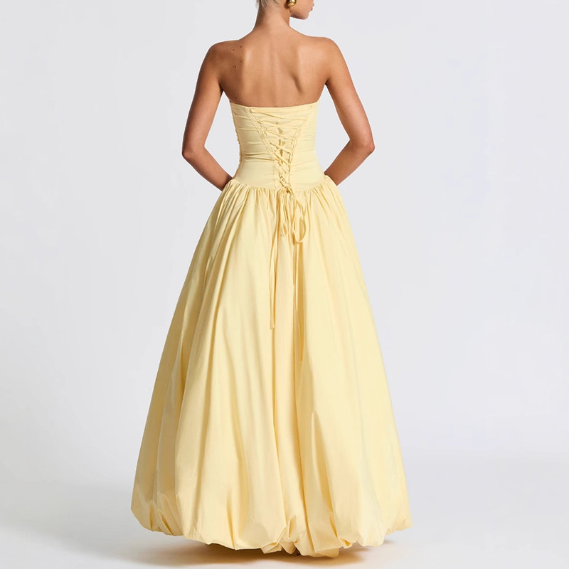 Ladies Elegant Strapless Pleated Flower Bud Dress Fashion Sleeveless Solid Evening Dress 2025 New Summer Asymmetrical Long Dress