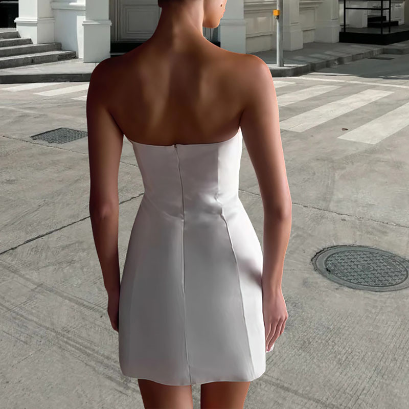 Sexy Strapless High Waisted A-line Dress Elegant Solid Color Pleated Slim Mini Dress Casual Hollow Backless Party Dresses