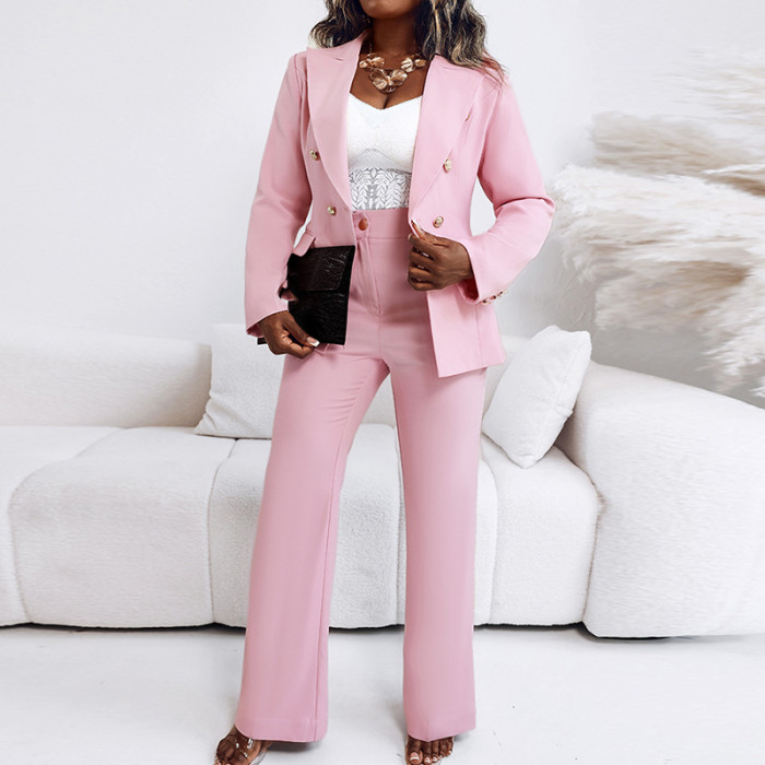 Autumn Women's Lapel Collar Long Sleeved Blazer Suit Elegant Temperament Slim Pants Set Fashion Office Button Design Outfit