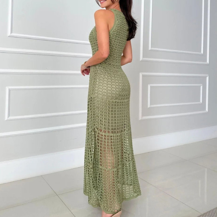 Casual Summer Solid Color Holiday Dresses Fashion O-neck Hollow Knitted Long Dress Sexy Sleeveless High Waist Beach Dress