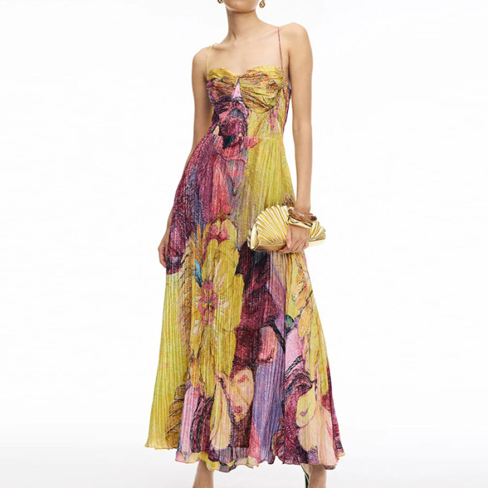Summer Hollow Pattern Printed Long Dresses Casual Sleeveless Swing Beach Dress Sexy Off Shoulder High Waist Pleated Party Dress