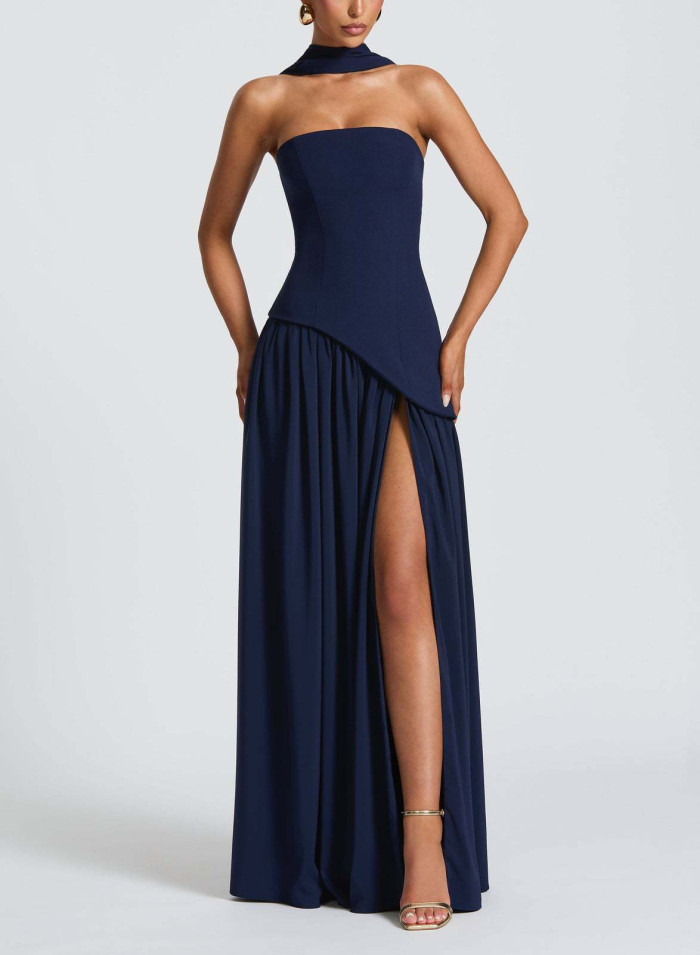 Summer Banquet Party Robe Pleated Skirt Strapless Long Skirt Sexy Women Backless Hanging Collar Satin Vest Dress