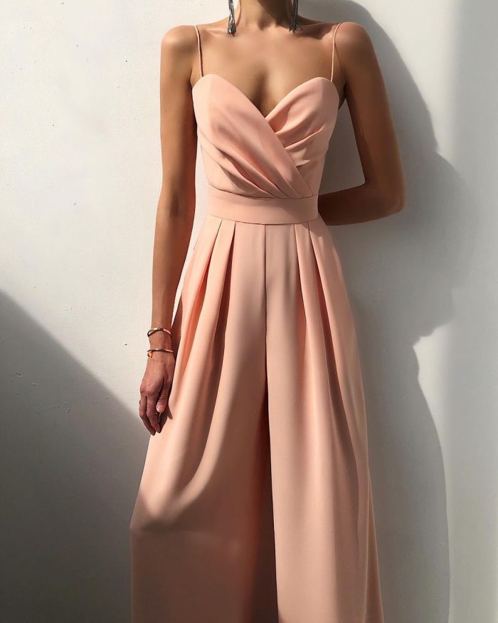Fashion V Neck High Waist Party Romper New Summer Solid Suspender Playsuit Casual Sleeveless Pleated Long Pants Jumpsuits