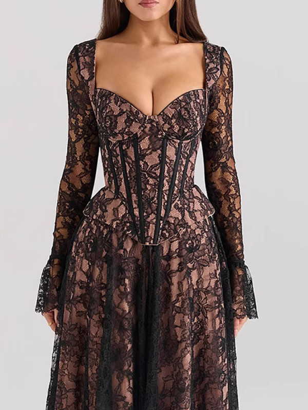 Sexy Perspective Lace Autumn Dress Women's Fashion Chest Wrap High Waist Prom Dress Elegant Long Sleeve Pleated Slim Party Dress