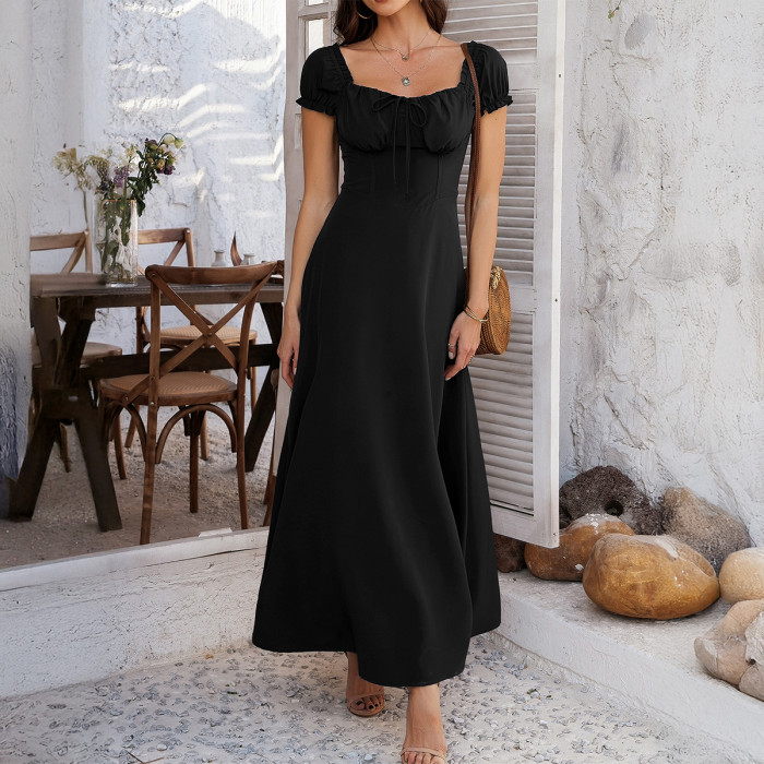 ✨ French Style Lace-up Pleated Puff Sleeve Elegant Dress ✨