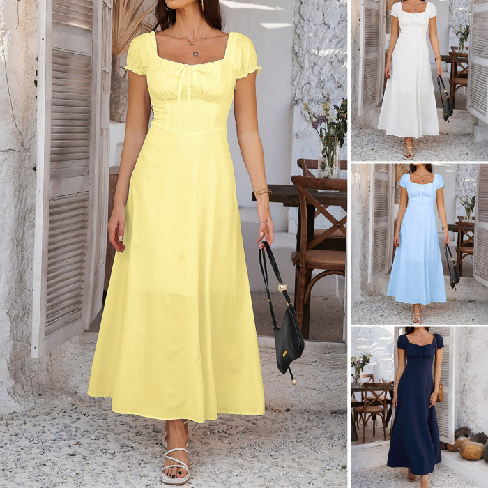 ✨ French Style Lace-up Pleated Puff Sleeve Elegant Dress ✨