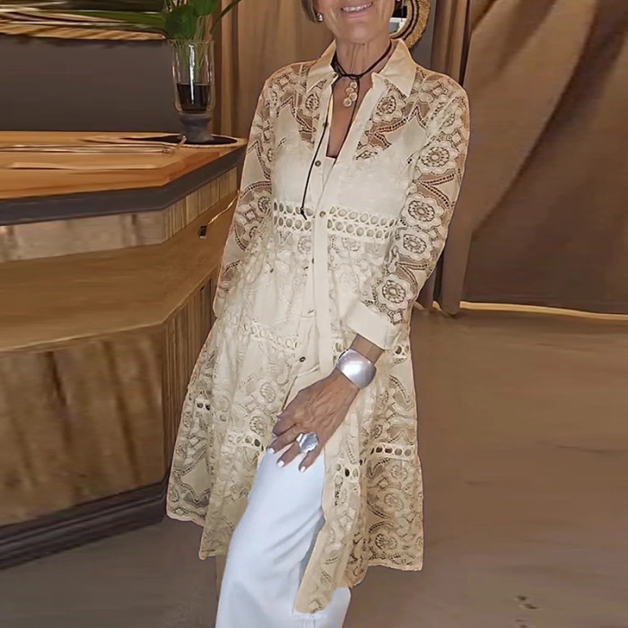 Lady Elegant Lapel Long Sleeved Loose Blouses Fashion Lace Embroidery Single Breasted Shirt Sexy Spring Summer Hollow Beach Top