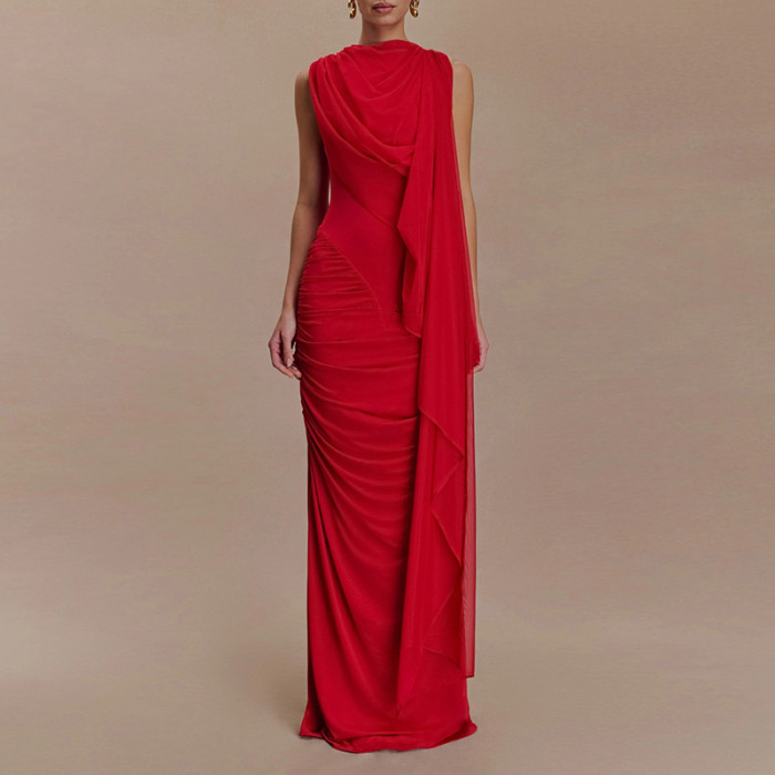 Mesh Shawl High Waist Women Long Dress Elegant O-neck Sleeveless Hollow Out Party Dress Casual Solid Color Draped A-line Dresses