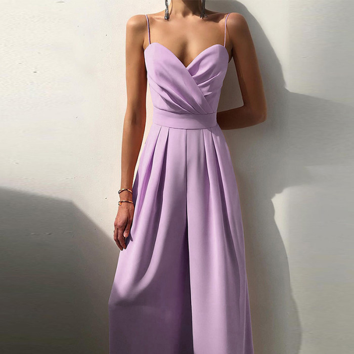Fashion V Neck High Waist Party Romper New Summer Solid Suspender Playsuit Casual Sleeveless Pleated Long Pants Jumpsuits
