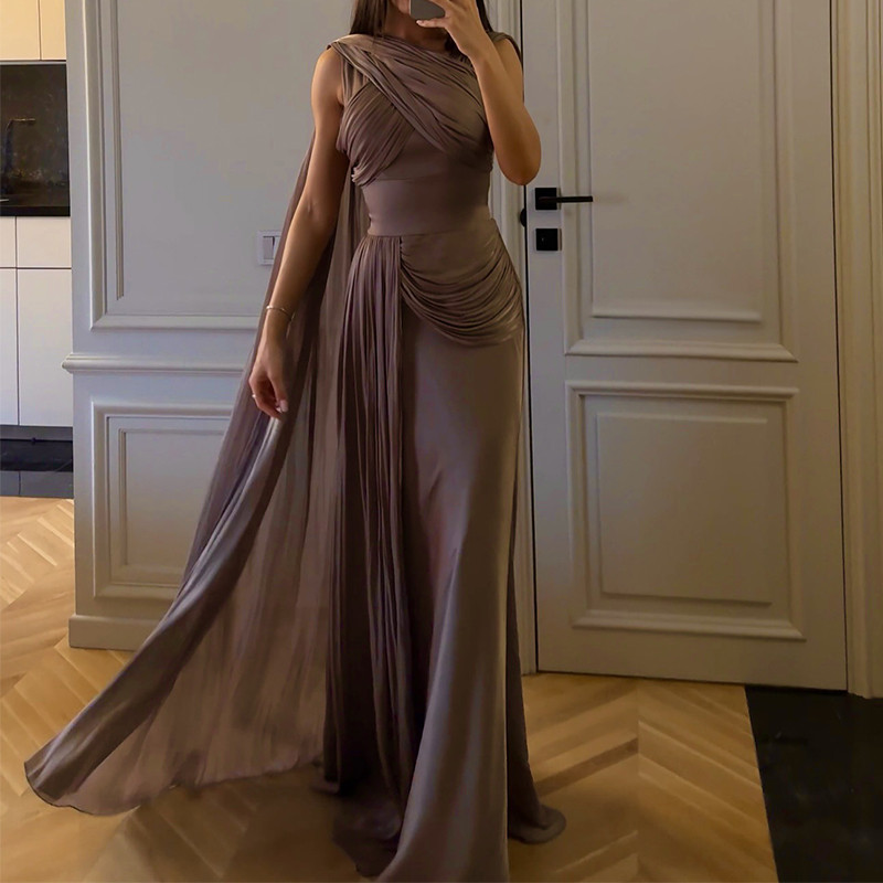 New Elegant Solid Color Sleeveless Evening Dress Women Fashion Slim Long Dress Satin Ribbon High Waist Pleated Party Dress