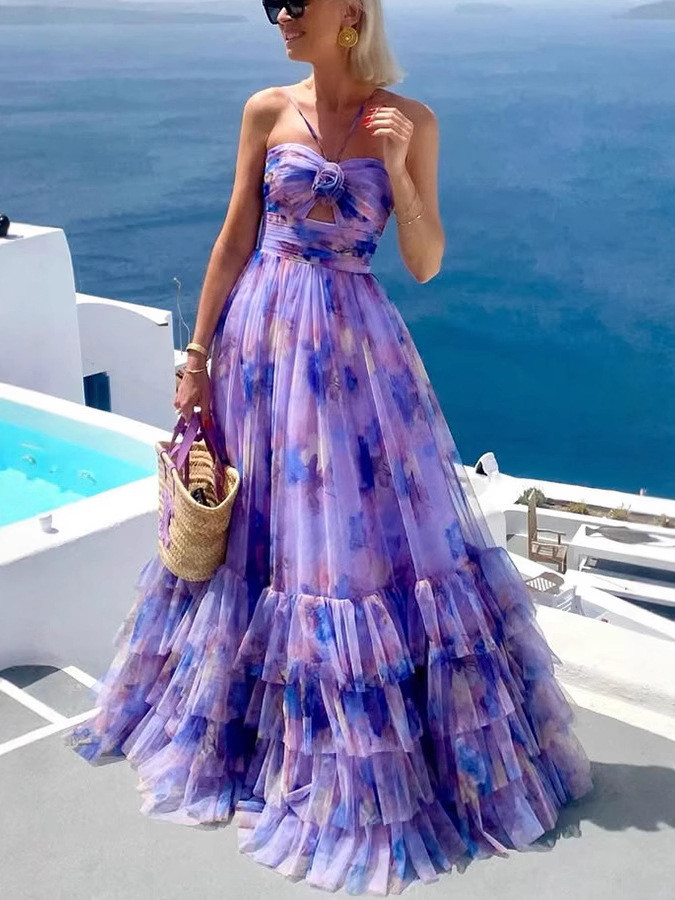 Layered Mesh Printed Women's Evening Dress Elegant Halter Off Shoulder High Waist Dress New Holiday Date Casual Long Dress