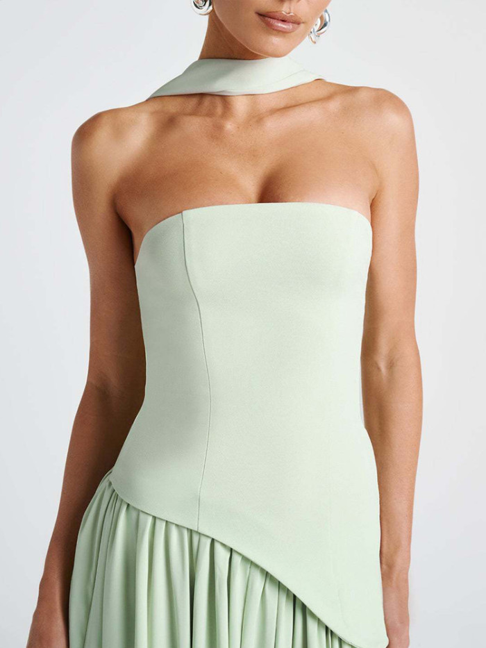Summer Banquet Party Robe Pleated Skirt Strapless Long Skirt Sexy Women Backless Hanging Collar Satin Vest Dress