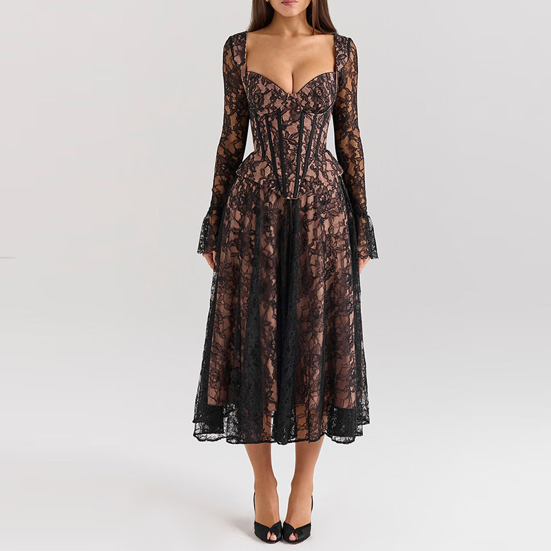 Sexy Perspective Lace Autumn Dress Women's Fashion Chest Wrap High Waist Prom Dress Elegant Long Sleeve Pleated Slim Party Dress