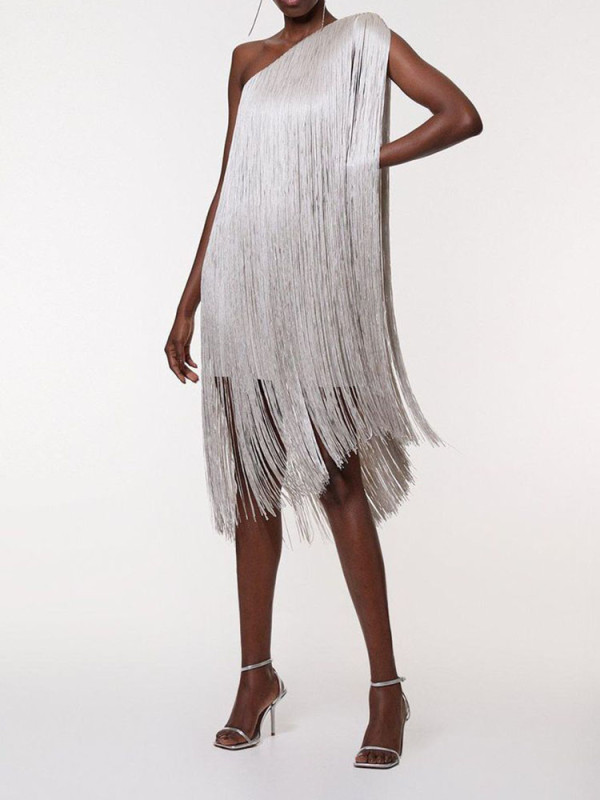 Summer Simple Solid Sleeveless Evening Dress Women's Fashion Slanted Neck A-line Dress Asymmetric Off Shoulder Slim Tassel Dress