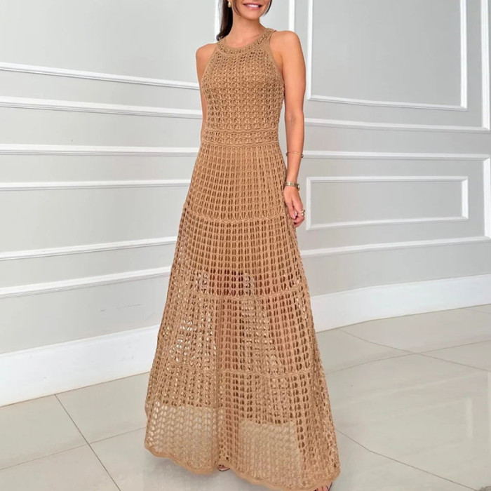 Casual Summer Solid Color Holiday Dresses Fashion O-neck Hollow Knitted Long Dress Sexy Sleeveless High Waist Beach Dress
