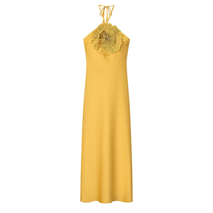 Sexy Hanging Neck Hollow Satin Long Dress Floral Patchwork Backless Women's Dress Elegant Temperament High Waist A-line Dresses