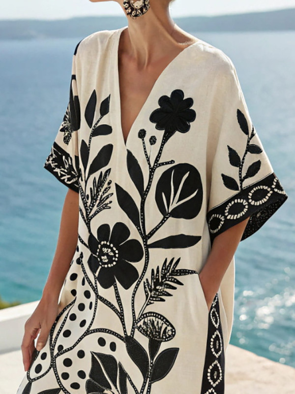 Casual Women's V-neck Pocket Pullover Dress Fashion Vacation Bohemian Midi Dresses New Summer Short Sleeved Printed Dress