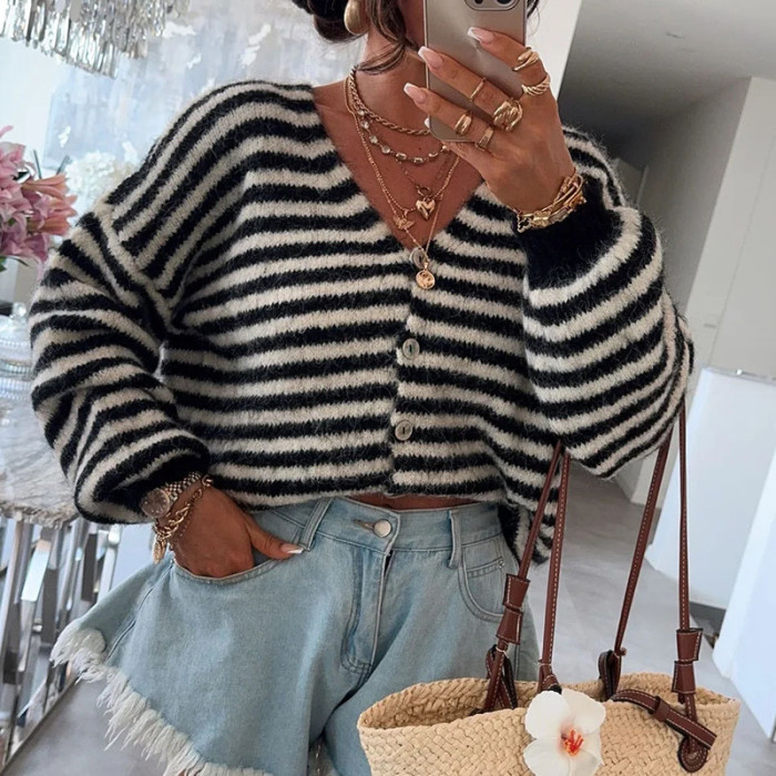 Color Blocking Striped Autumn Winter Cardigan Sexy Women's V-neck Long Sleeved Loose Sweater Elegant Holiday Warm Knitted Coat