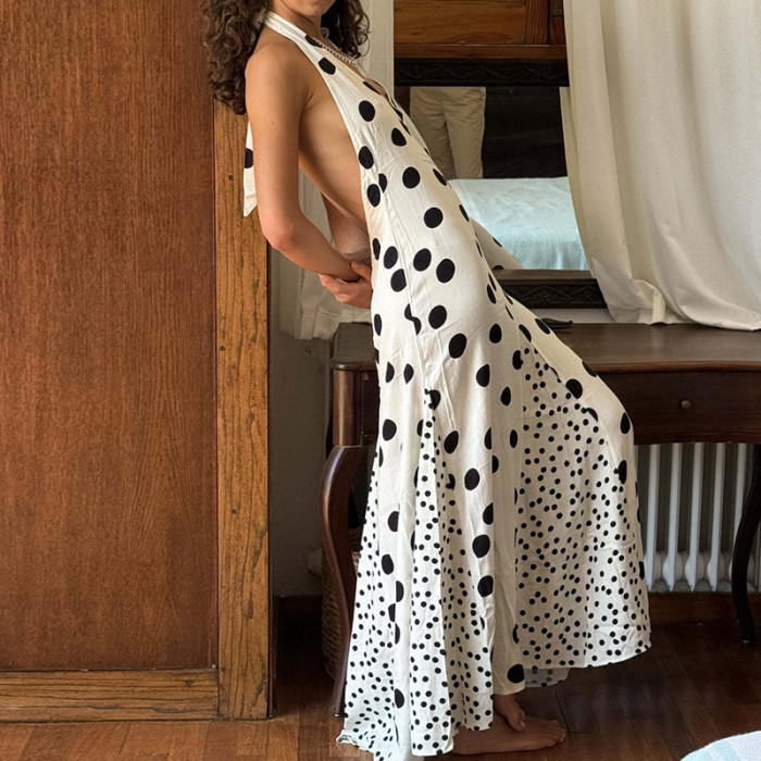 Hanging Neck Low Cut Printed Summer Dress Floral Print Sleeveless Hollow Out Women Long Dress New Retro Backless Bohemian Dress