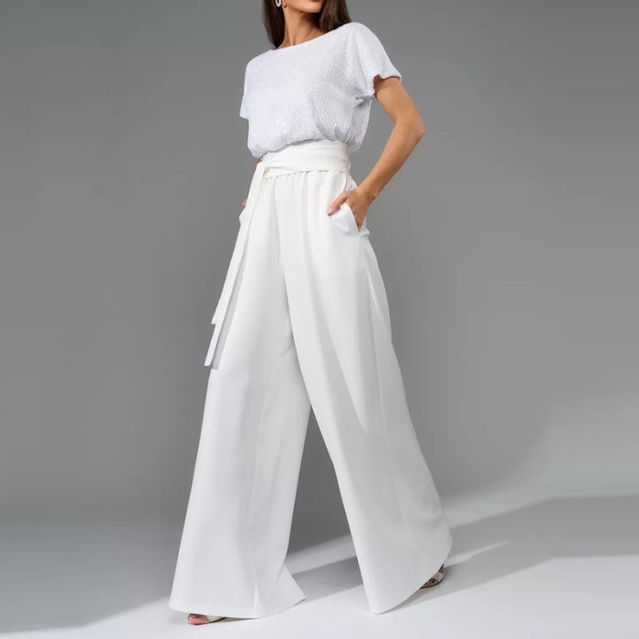 Lady Fashion Sequin Patchwork Commuting Jumpsuit New Casual O Neck Lace Up High Waist Romper Elegant Short Sleeved Playsuit