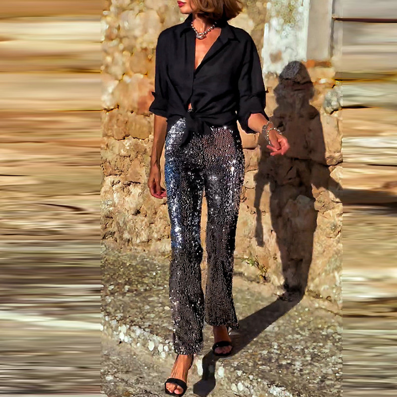 Women's Clothing Shiny Sequins Club Party Pants Fashion High Street Elastic Waisted Flared Pants Elegant Slim Straight Trousers