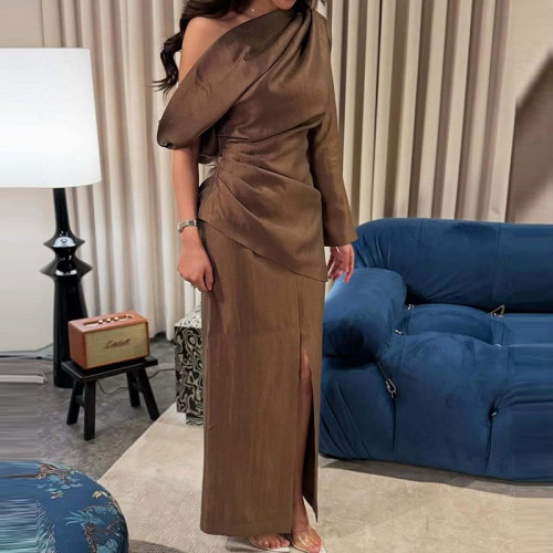 Vintage Solid Slanted Neck Long Sleeved Dress Fall Sexy Off Shoulder Hollow Out Party Dress Women's Elegant Commuting Maxi Dress