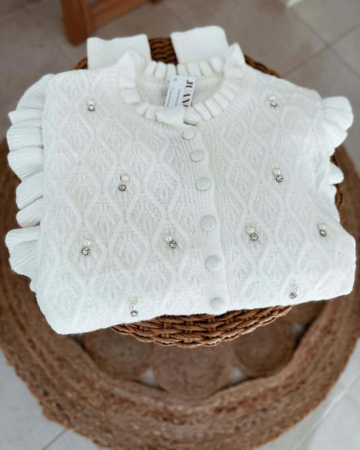 Women O Neck Ruffled Long Sleeved Knitted Cardigan New Autumn Single Breasted Solid Color Sweater Pearl Design Slim Sweater