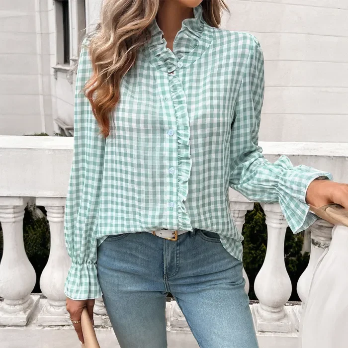 Women's Fashion Casual Plaid Contrast Color Button-Down Shirt