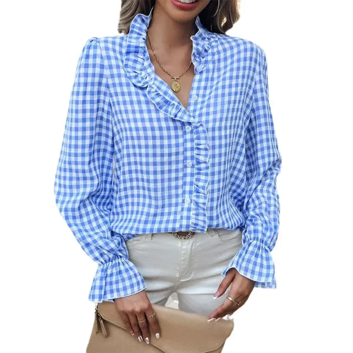 Women's Fashion Casual Plaid Contrast Color Button-Down Shirt