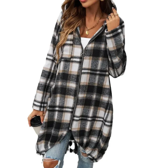 Women's Casual Loose Plaid Contrasting Zipper Hooded Jacket Wholesale Wool Blends Coats Tweed